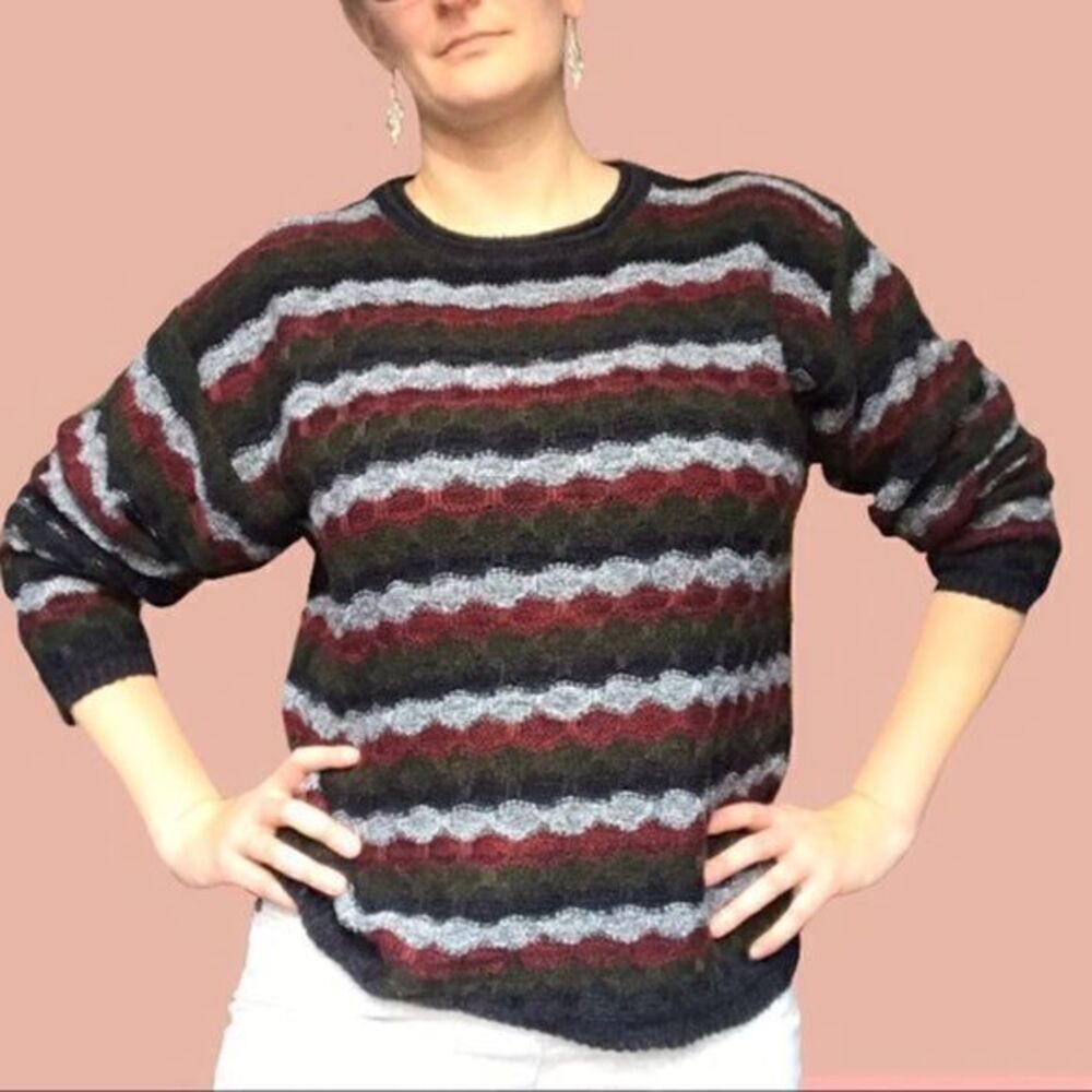 Vintage Striped Sweater Oversized Red Green White Holiday Winter David Taylor L